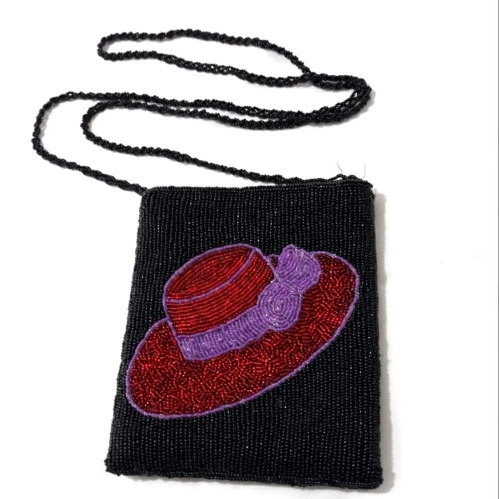 Black Beaded Bag with Red and Purple Hat Design Crossbody/ Shoulder Purse